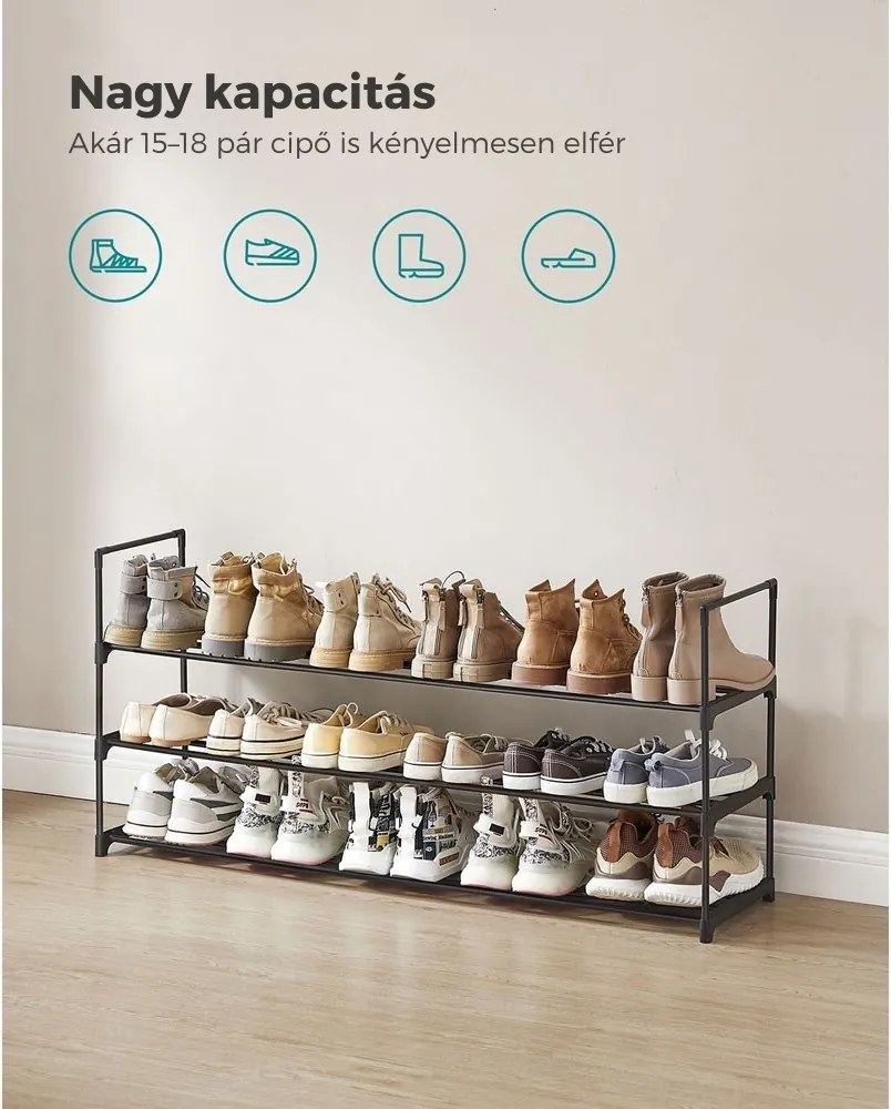TORINO cipőtartó állvány, 3 polcos, 30x116x55cm, fekete SongmicsHome
