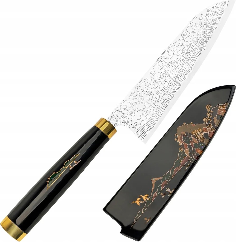 Takeshi Saji Art Fuji On Lake Kovácsoltvas R-2 Japán Santoku kés 18cm és Saya