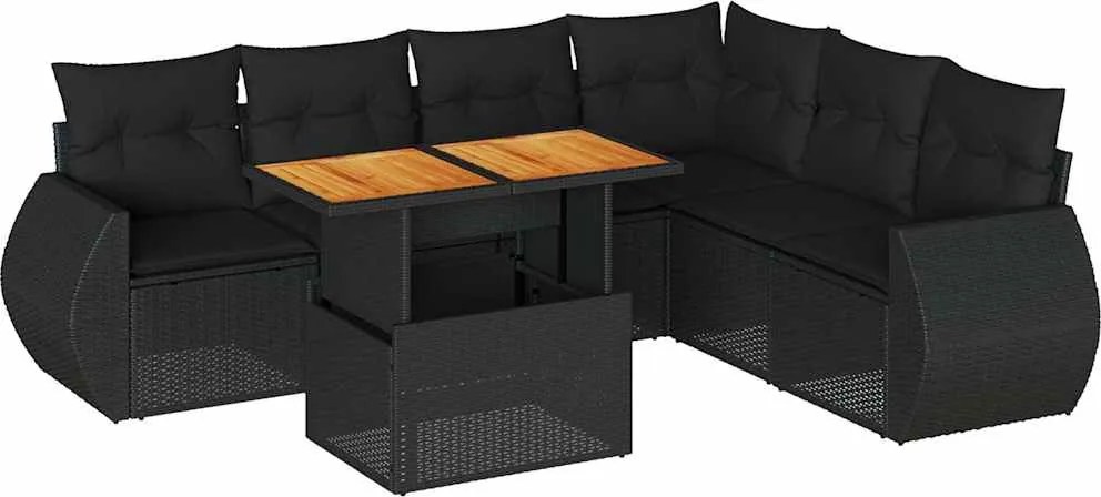 vidaXL 7 részes fekete polyrattan kerti ülőgarnitúra párnával
