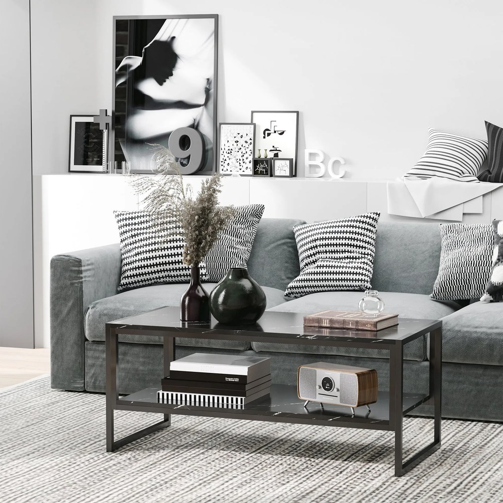 HOMCOM Modern Stílusú Kávézóasztal 2 Polccal 106 x 50 x 47 cm Fekete | Aosom