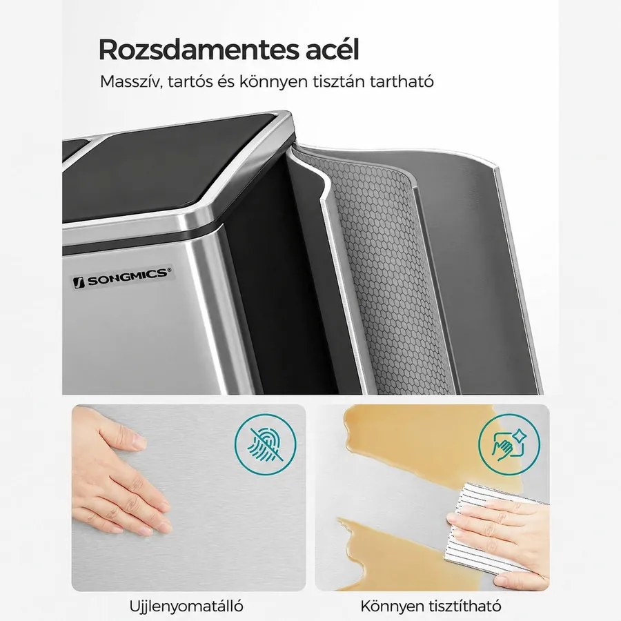 Szelektív szemetes 54 liter, hulladékleválasztó rendszer 3 rekeszes, ezüst