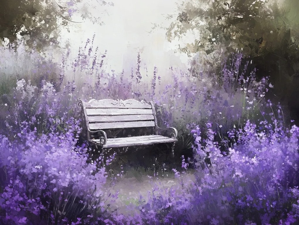 Vászonkép Canvas Tájkép Kert Park Levendula Pad Pihenés Csend 80x60