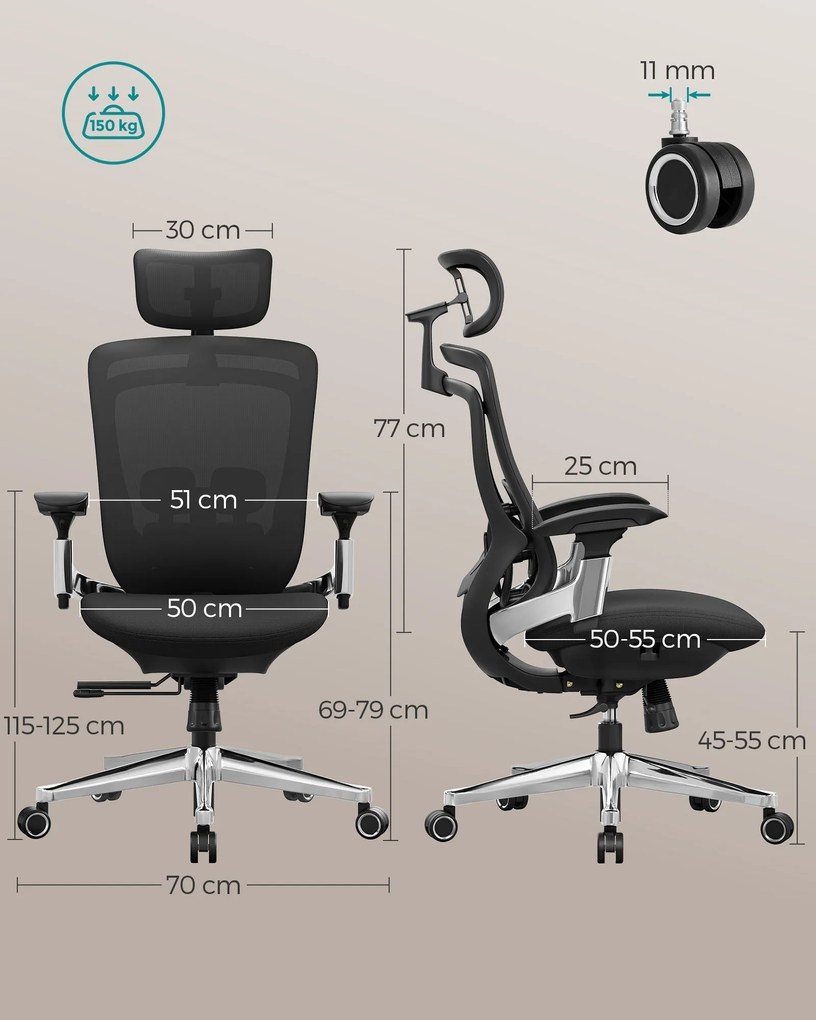 SONGMICS Ergonomikus szék, állítható, dönthető irodai szék, fekete