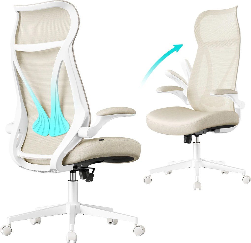 Irodai szék ergonomikus háttámla, állítható magasság, felhajtható kartámaszok, bézs