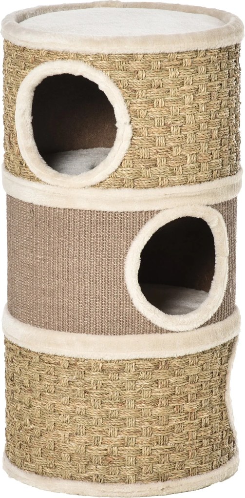 PawHut Kaparóhenger 70 cm Magas Ø 37.5 cm Háromszintes Macska Barlang Sisalkötéllel, Macskaodú, Kaparóoszlop Kismacskák számára, Khaki+Kávé | Aosom