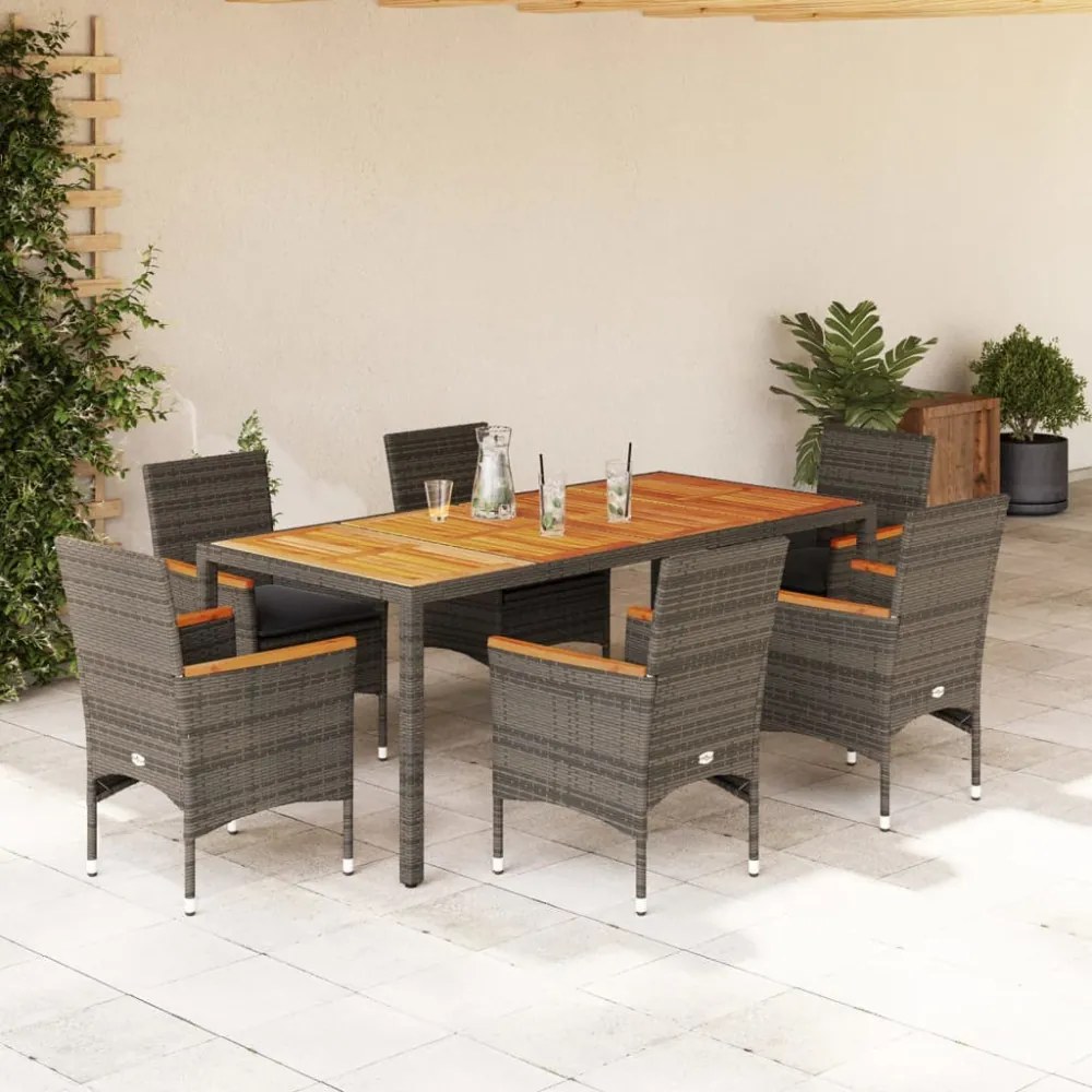 7részes szürke polyrattan/akácfa kerti étkezőgarnitúra párnával