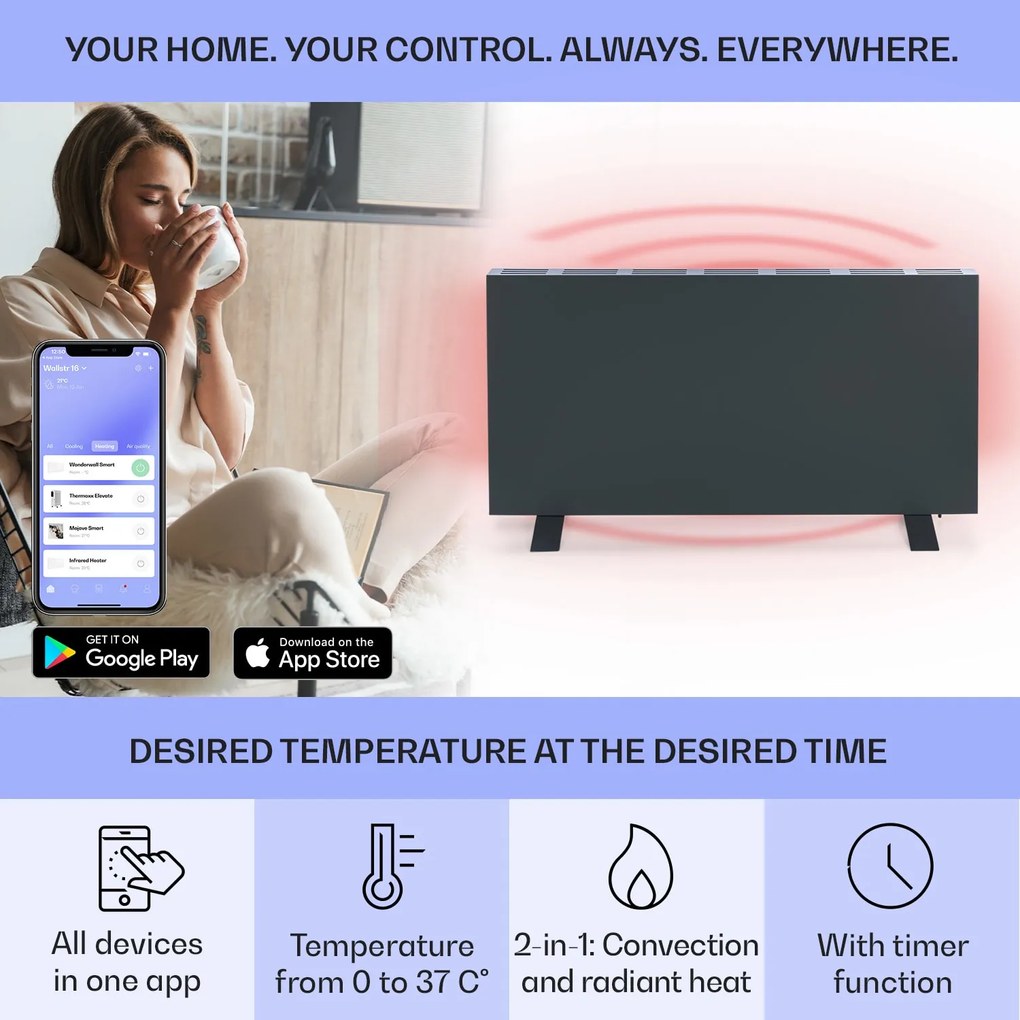 Klarstein Taal Smart, hibrid infravörös hősugárzó, 105 x 56 cm, 750 W, heti időzítő, IP25