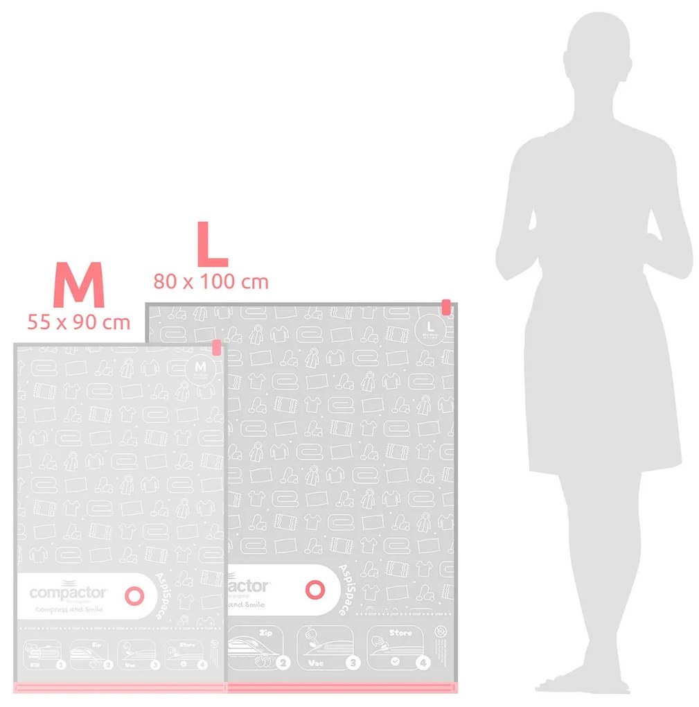 Tömörítő Aspispace 3x M 70 l, 2x L 120 l, 5 dbvákuumos tároló zsákok készlete, 5 db