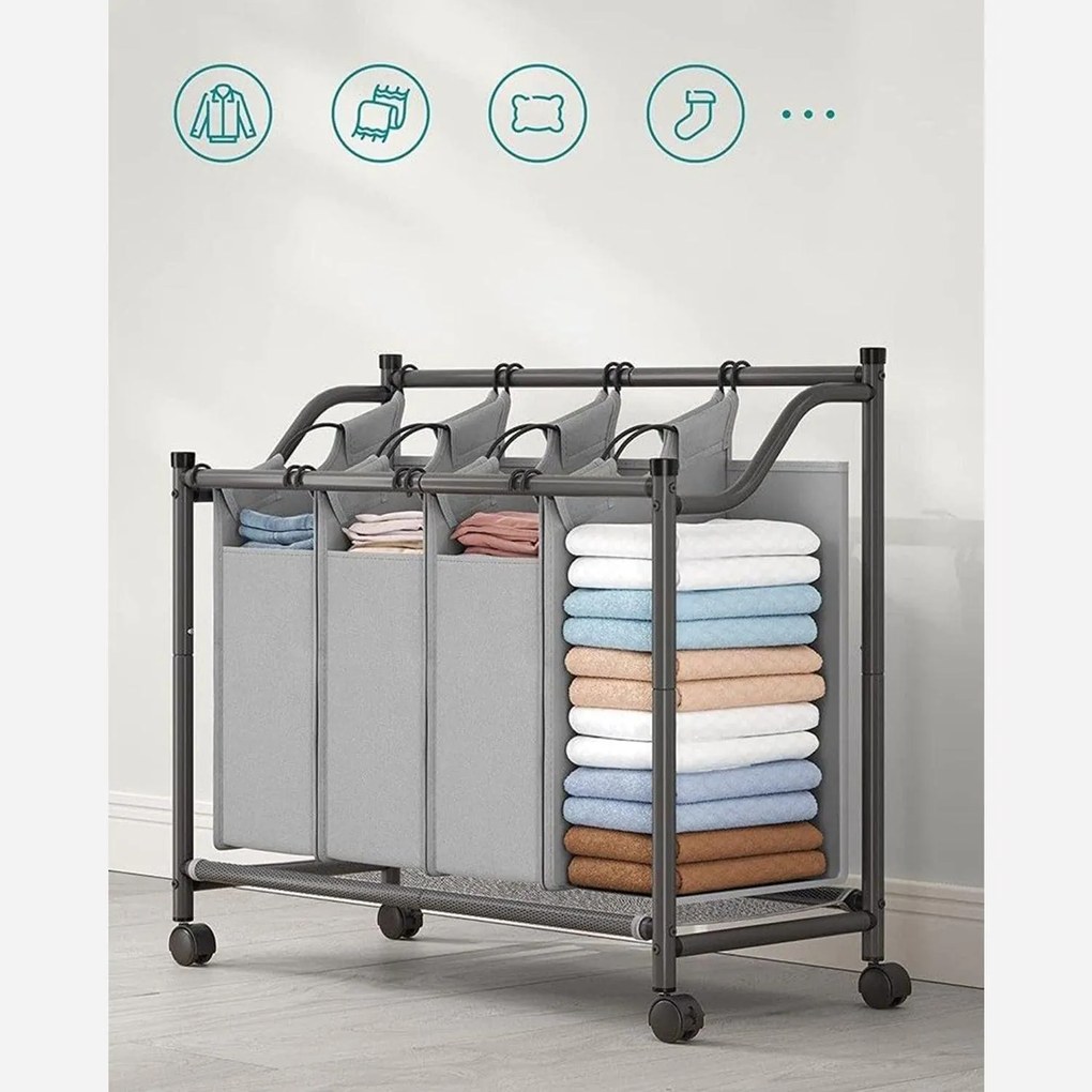 Szennyeskosár görgőkkel 4 x 35L, 4 kivehető táskával, szürke