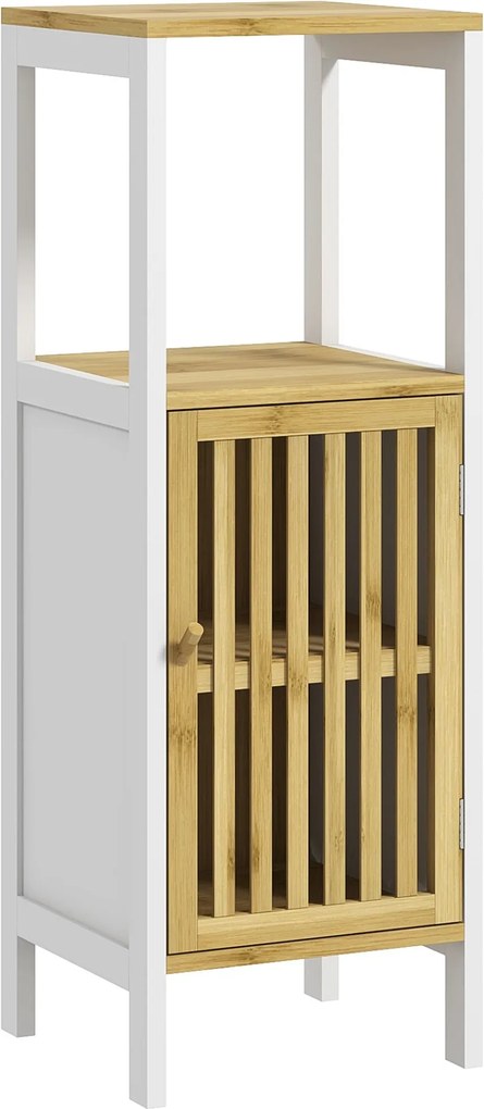 HOMCOM Magas Fürdőszoba Szekrény Fürdőoszlop Segéd Fürdőbútor 1 Nyitott Polccal, 1 Ajtóval és 1 Állítható Polccal 32x30x90.5 cm Természetes és Fehér |