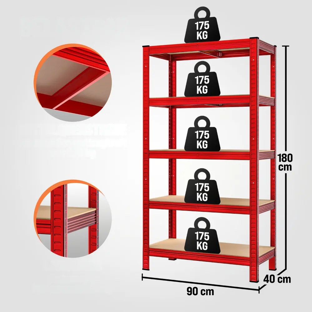 HEAVY nagy teherbírású polc, max. 875kg, 180×90×40cm, piros Monzana
