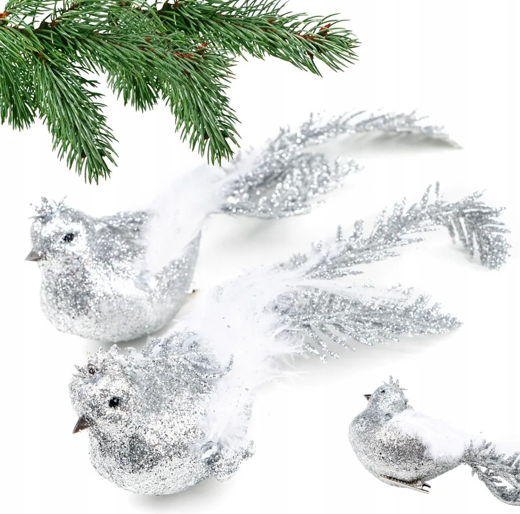 Ezüst csillámos madárkák klipszes karácsonyi dísz karácsonyfára 20cm 2db