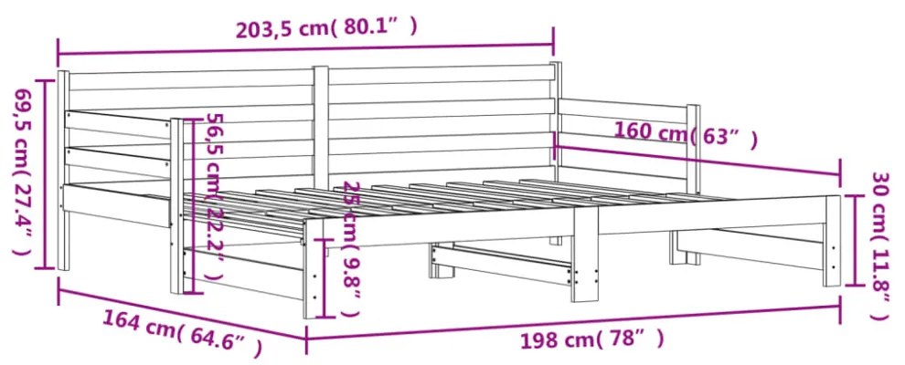 fekete tömör fenyőfa kihúzható kanapéágy 80 x 200 cm