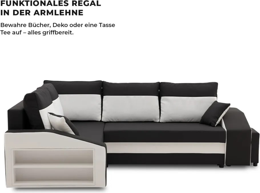 Grande sarokkanapé polcokkal és puffokkal , polc a bal karfaban puffok a jobb karfaban, baloldali, szövet anyag, hab töltet, fekete - fehér