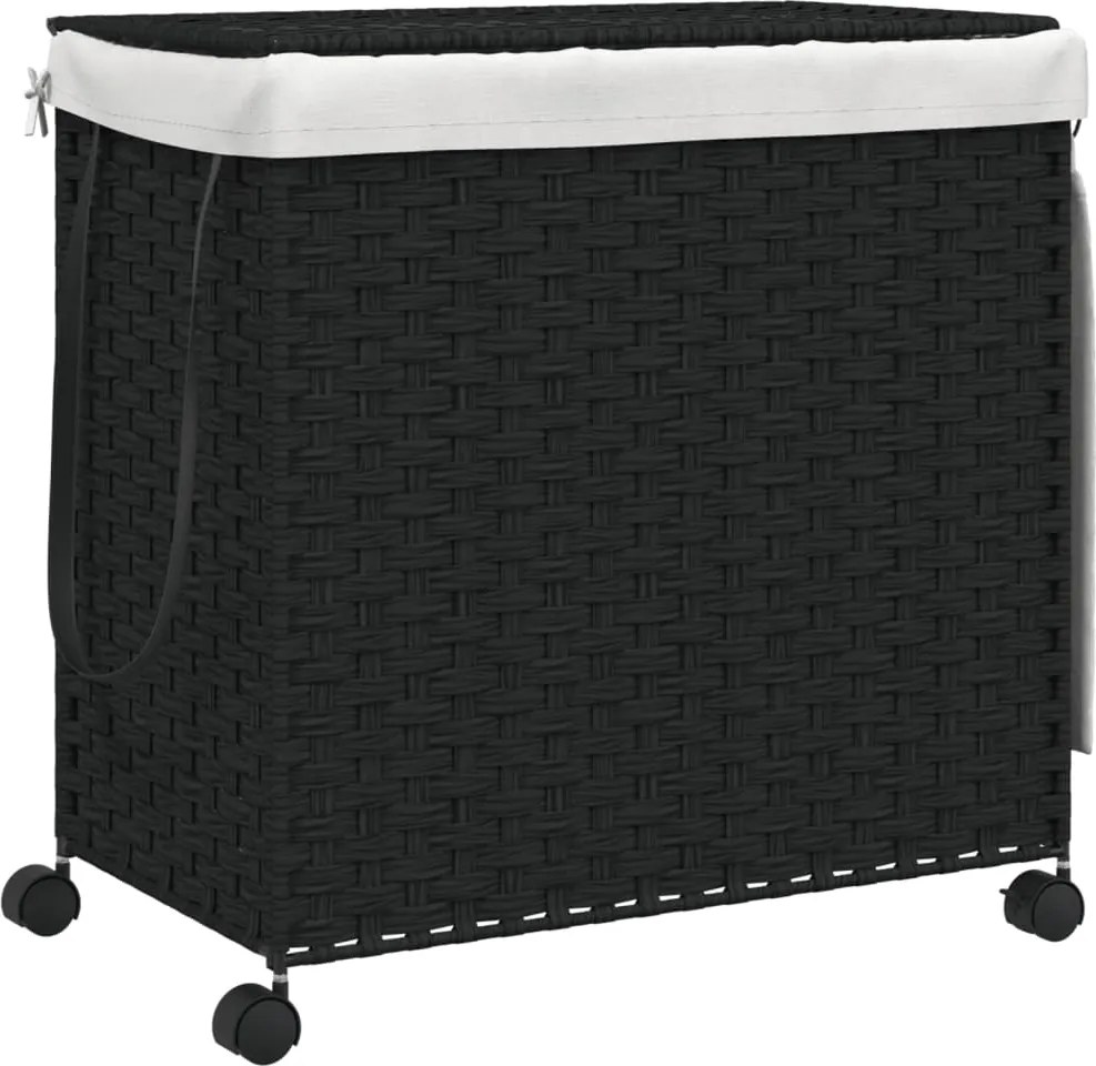 vidaXL fekete rattan szennyeskosár kerekekkel 60x35x60,5 cm