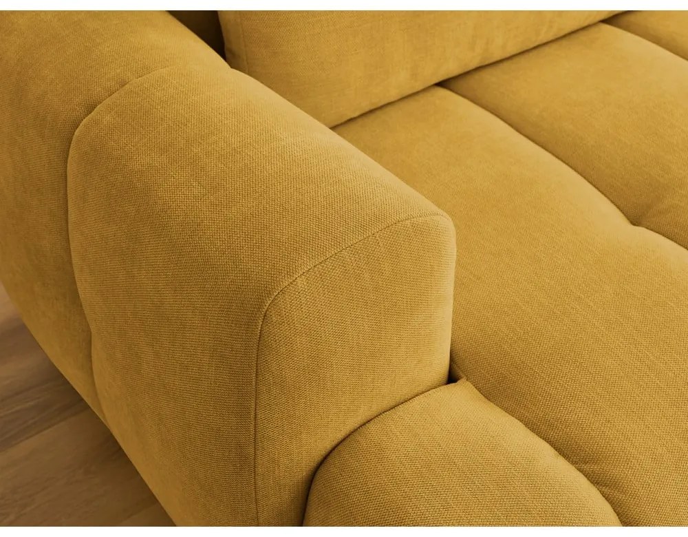 Mustársárga kinyitható-tárolóhelyes sarokkanapé (jobb oldali-heverő résszel) Fuji – Bobochic Paris