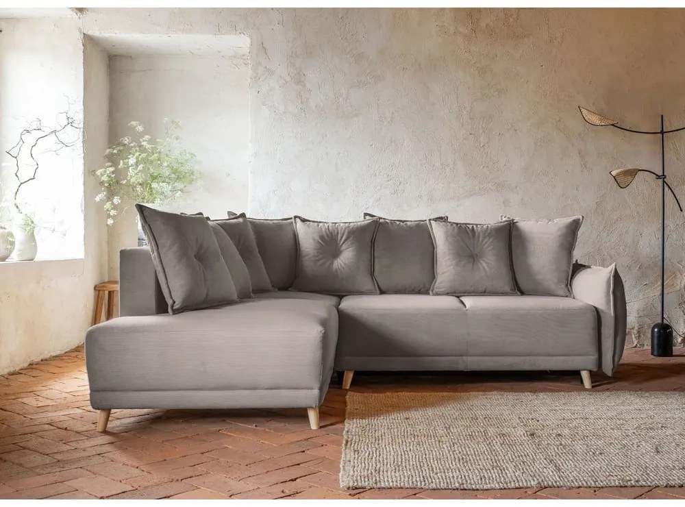 Világosbarna kordbársony kinyitható sarokkanapé (bal oldali) Lazy Lukka – Miuform