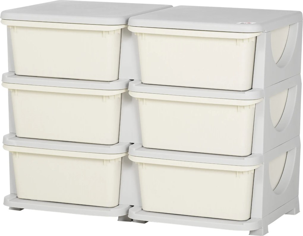 HOMCOM Gyerek Fiókos Szekrény Tárolóhelyiséggel Tárolódobozok Játék Szervező Játékdoboz Hat Szinten Gyerekszobába 3-6 Év Gyermekbútor Krémfehér 75 x 3