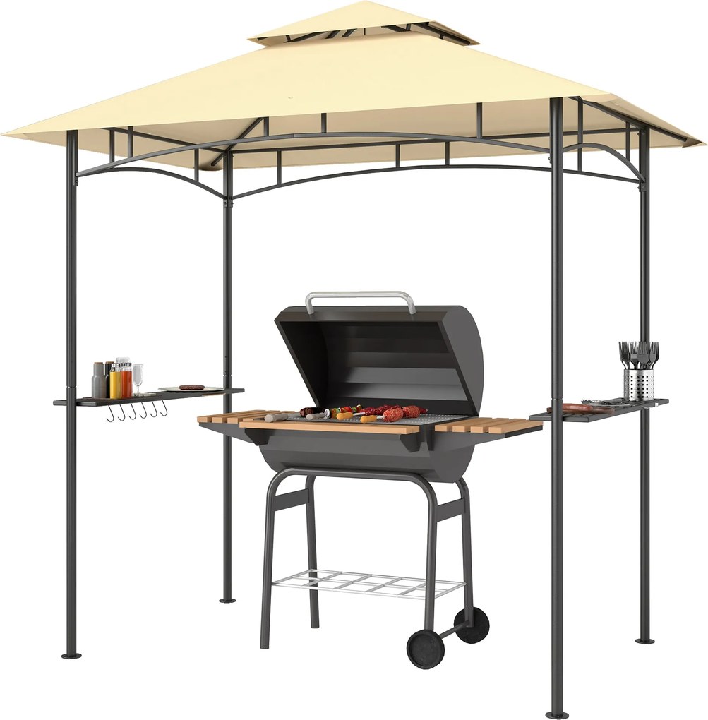 Outsunny Grill Kerti Pavilon LED fényekkel 240 x 150 x 258 cm vízlepergető tűzálló kerti pavilon dupla rétegű tetővel, oldalsó polcokkal, UV-védelemme