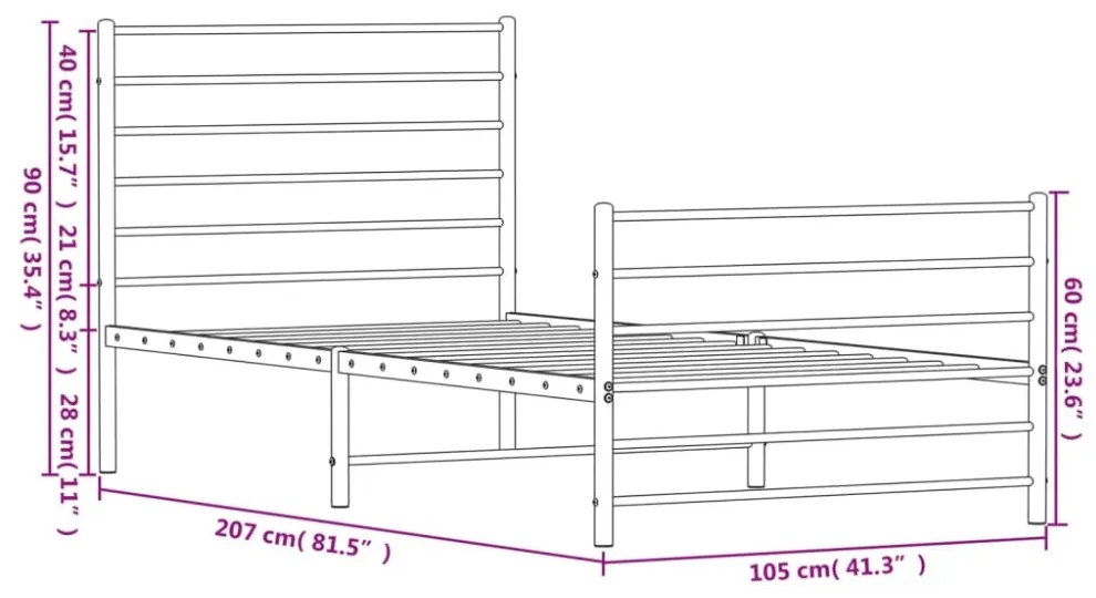 fehér fém ágykeret fej- és lábtámlával 100x200 cm