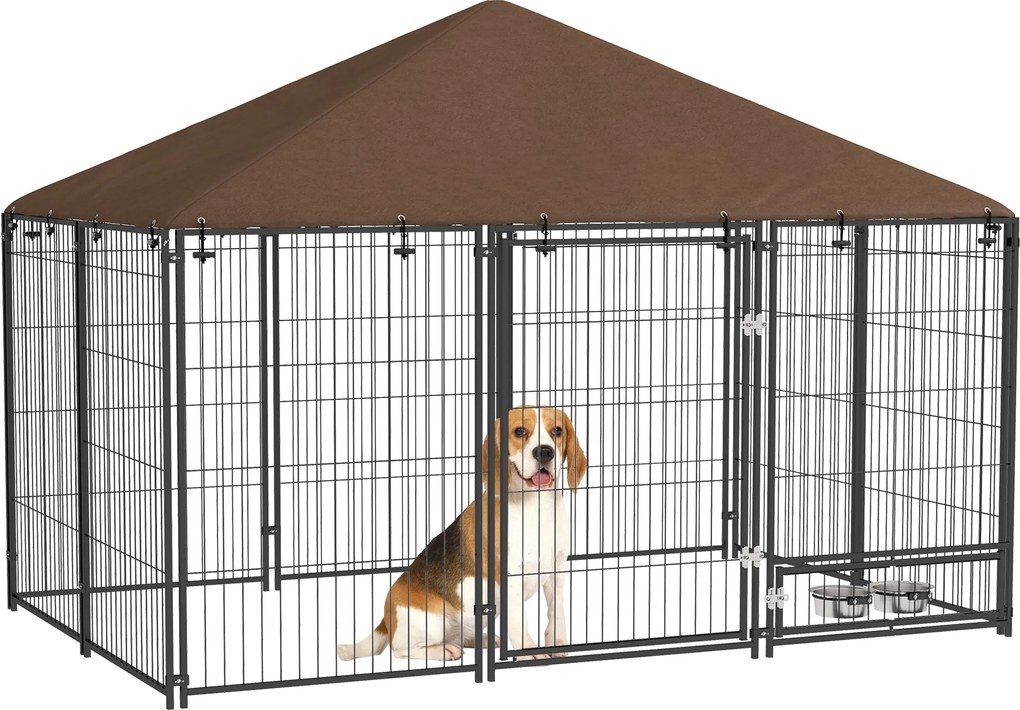 PawHut Fém Kültéri Kutyakerítés Napellenzővel és Forgó Etetőtálakkal 2 Tál a Teraszra 211x141x151 cm Fekete | Aosom