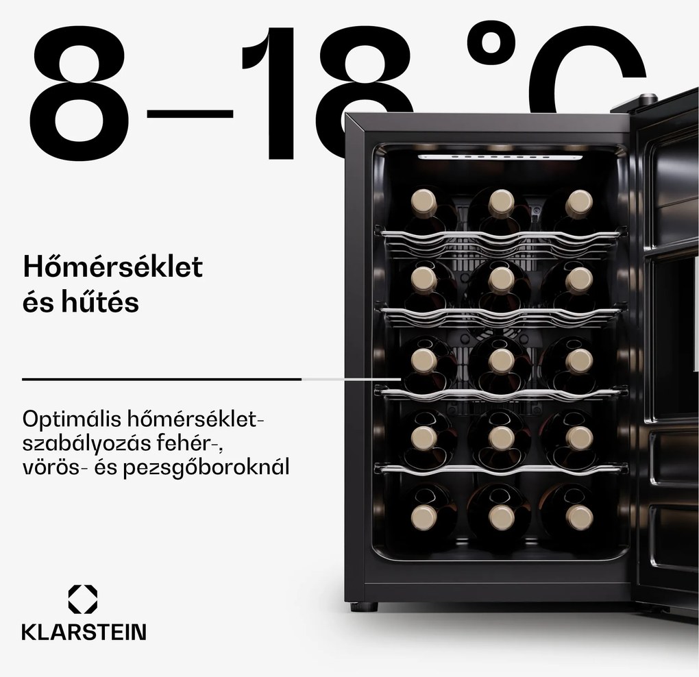 Klarstein Silent Vino 15 Uno Borhűtő 39 l / 15 palack 5-18 °C Érintős