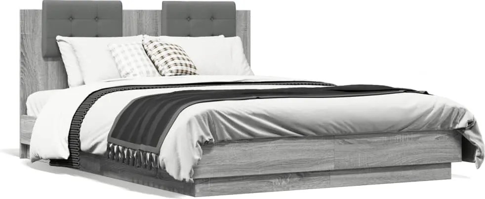 vidaXL szürke sonoma színű szerelt fa ágykeret fejtámlával 135x190 cm