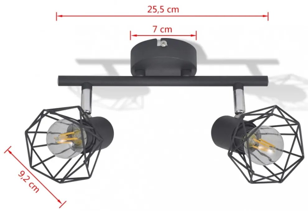 Fekete ipari stílusú drótvázas spotlámpa 2 LED izzóval