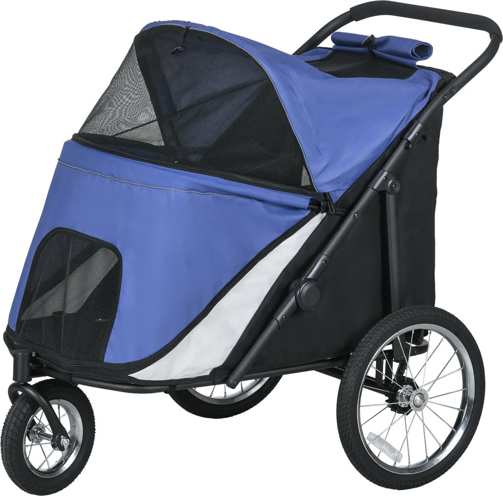 PawHut Kutyakocsi - Hálós Ablakokkal, Összecsukható Macskakocsi Biztonsági Pórázzal, Nagy Gumi Kerekek Közepes és Nagy Kutyák Számára, Maximum 30 kg,