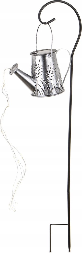 Fém öntözőkanna állványon ezüst led napelemes kerti dekoráció