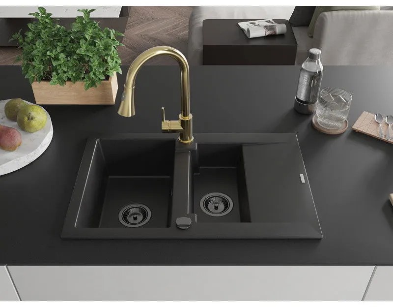 Mexen Gaspar, gránit mosogató 737x475x177 mm, 1,5 kamrás és Elia mosogató csaptelep, fekete, 6507-77-670101-50-B