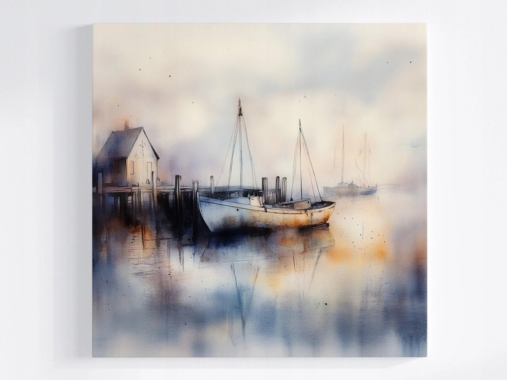 Poszter Tájkép Víz Móló Kikötő Hajó Köd 40x40