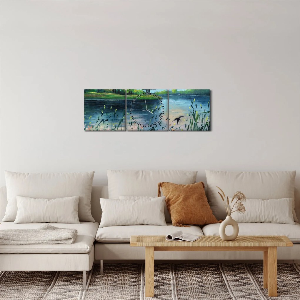 Kép - olajfestmény, Nyári este a tónál (órával) (90x30 cm)