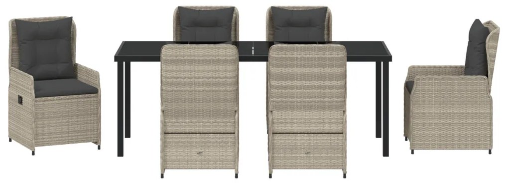 7 Darabos Kerti Étkezőszett Világosszürke Polirattan, Kerti Asztal Fekete 200x80x73 cm Edzett Üveg