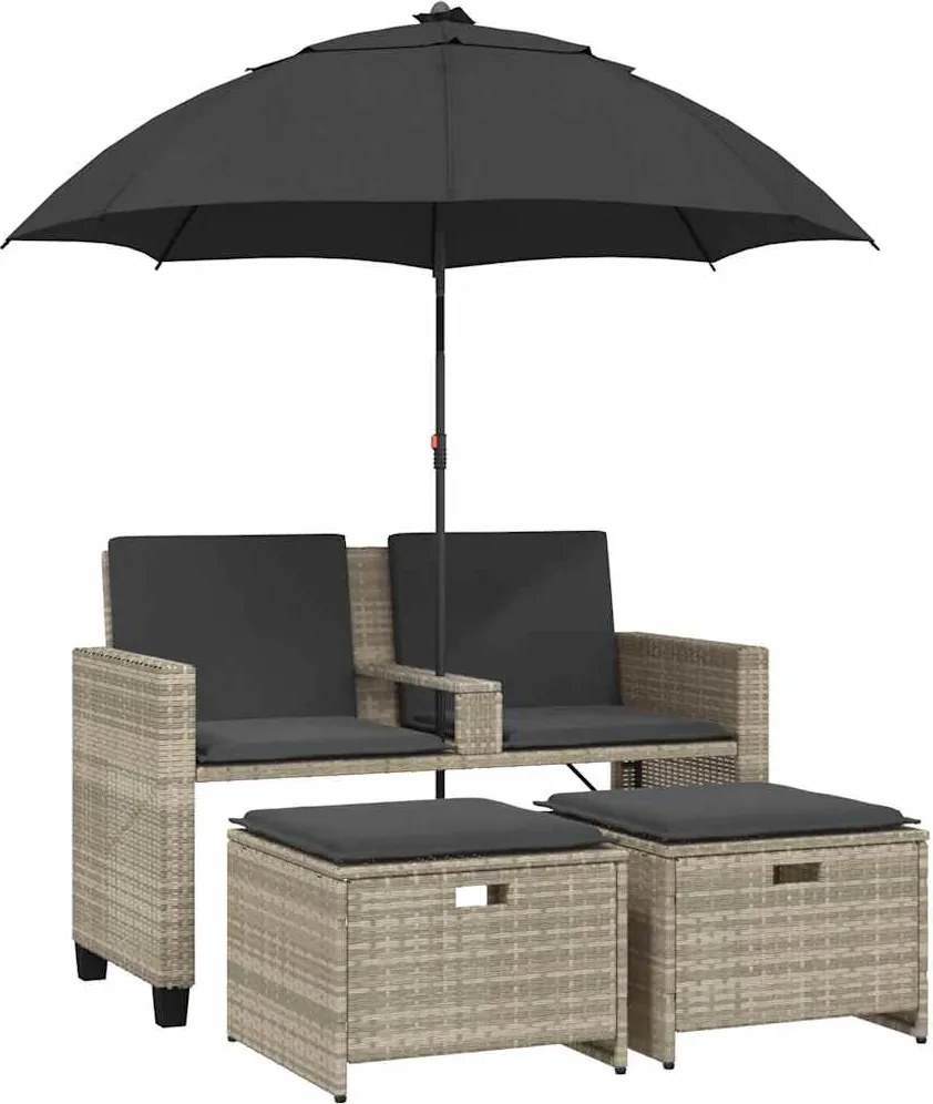 vidaXL 2 személyes polyrattan kerti kanapé napernyővel/székkel