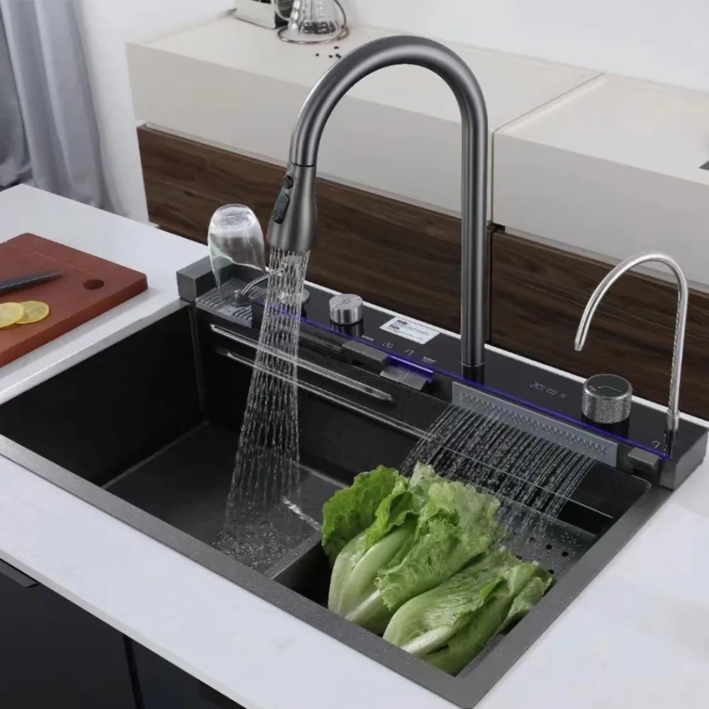 Catania multifunkciós rozsdamentes mosogató digitális csapteleppel