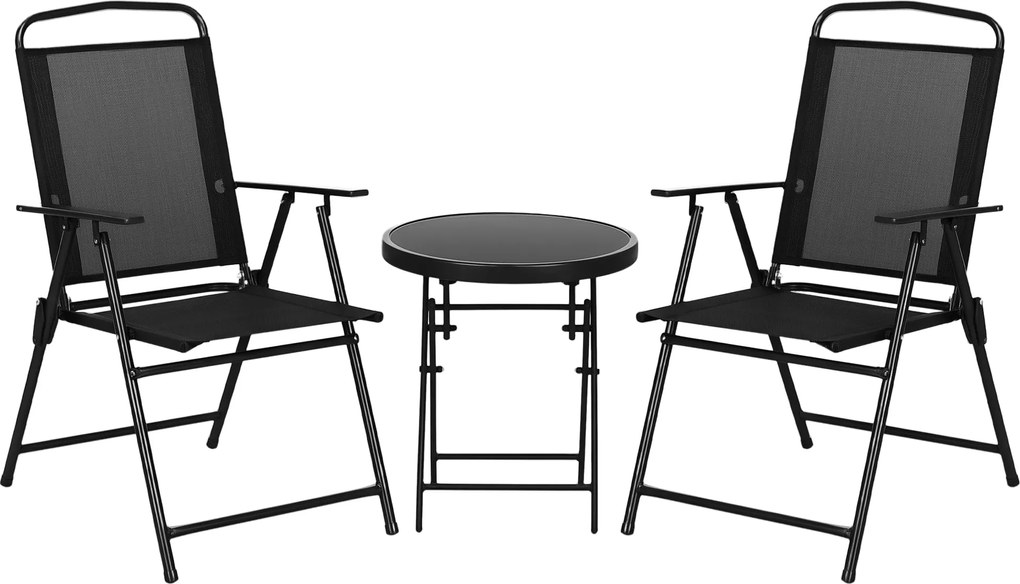 Outsunny 3 darabos Kerti Bistro Szett 2 Összecsukható Székkel Karfával + Kerek Üveg Felső Összecsukható Kávézó Asztal Magas Sűrűségű Hálós Szövet Fém