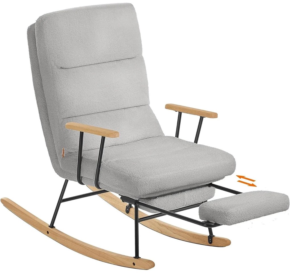 Hintaszék fa lábakkal, plüss szövettel, 4 fokozatban állítható háttámlával, Szürke színben