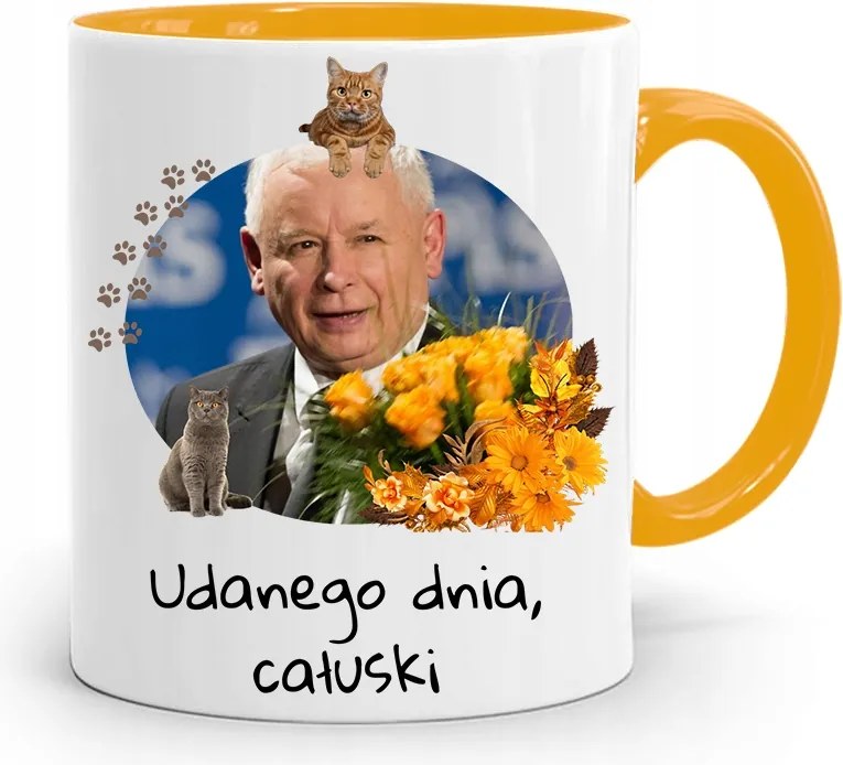 Sárga Vicces Bögre Jaroslaw Kaczynski felirattal, fényképpel