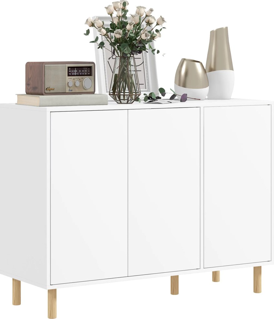 HOMCOM Modern Komód 2 Szekrénnyel és 3 Polccal, Többcélú Fából készült Bútor, 107x40x80 cm, Fehér | Aosom