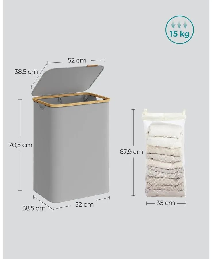 SONGMICS szennyeskosár fedéllel 130L, 2 rekeszes nagyméretű szennyes tartó, szürke