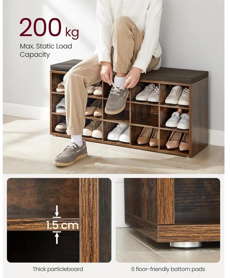 VASAGLE Cipőtartó pad, tárolós pad párnázott ülőfelülettel 30 × 105 × 48 cm, rusztikus barna színben
