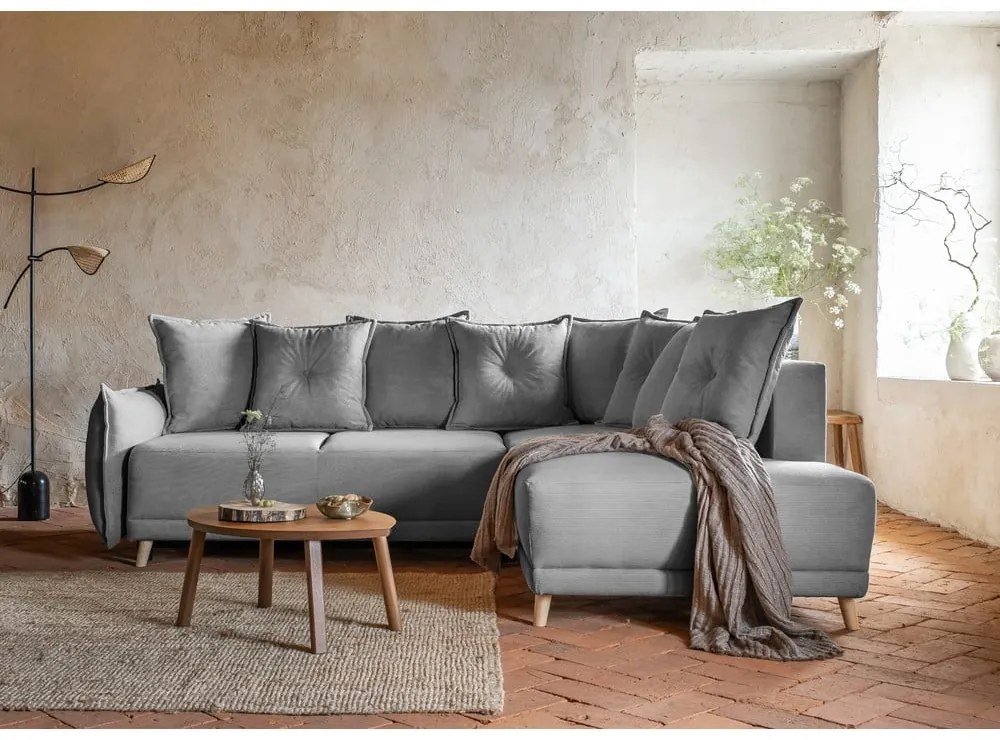 Szürke kordbársony kinyitható sarokkanapé (jobb oldali) Lazy Lukka – Miuform