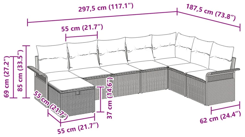 8 Részes Kerti Kanapészett Párnákkal Barna Poly Rattan