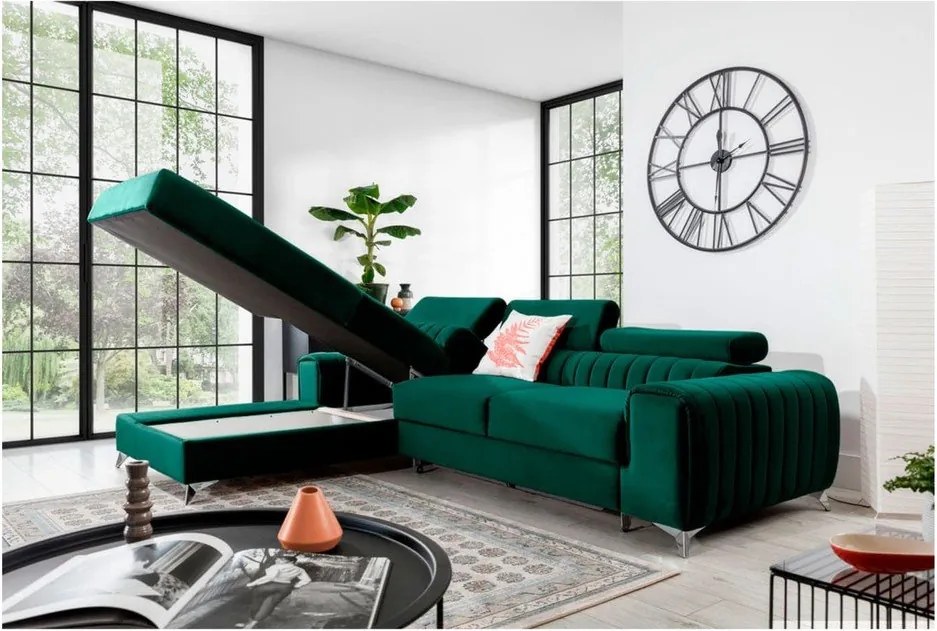 Zöld bársony kinyitható-tárolóhelyes sarokkanapé (bal oldali-heverő résszel) Grayson – ELTAP