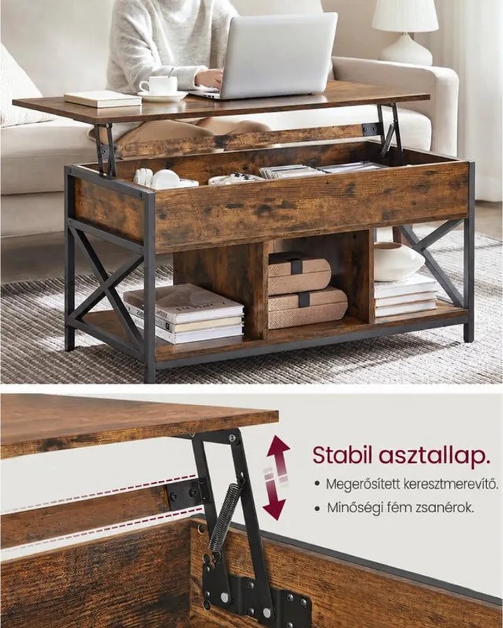 Emelhető tetejű dohányzóasztal 50 × 100 × (49–62 cm), barna és fekete színben