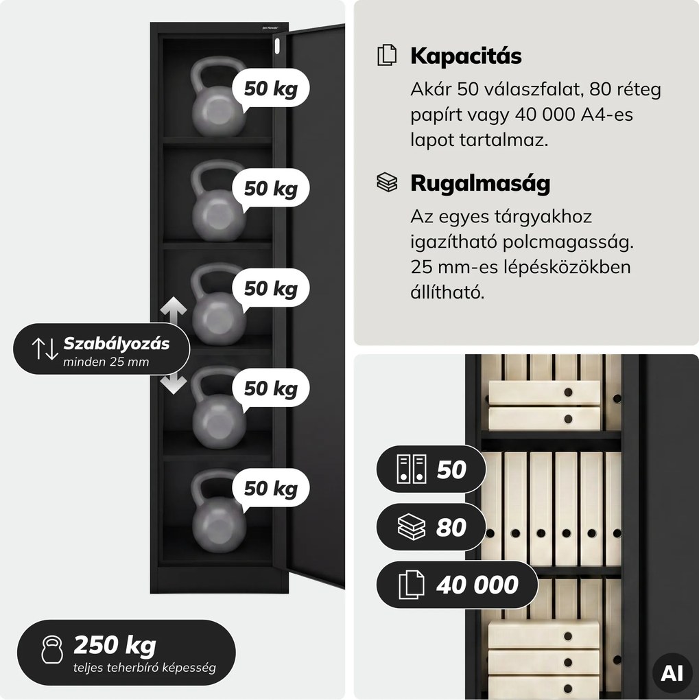 Kartotékos iratszekrény kulcsos fekete, 450x1850x600 mm: ALEX D600