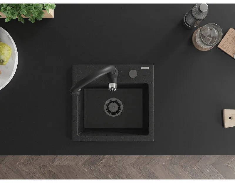 Mexen Milo, 1 kamrás gránit mosogató 435x410x171 mm és Savita mosogató csaptelep, fekete-ezüst metál, 6505-73-672601-70-B