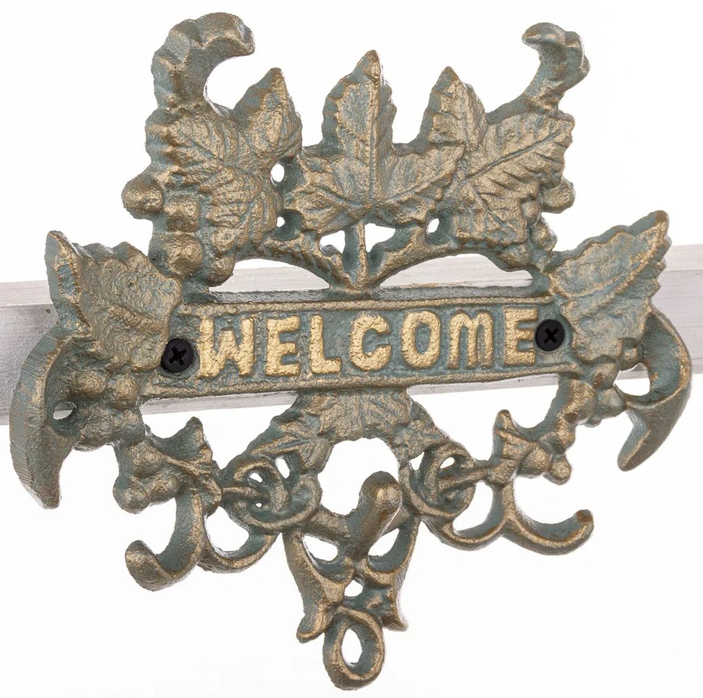 Öntöttvas patinás arany-kék kacskaringós borostyán leveles felületre szerelhető welcome tábla 17,5x19x2cm