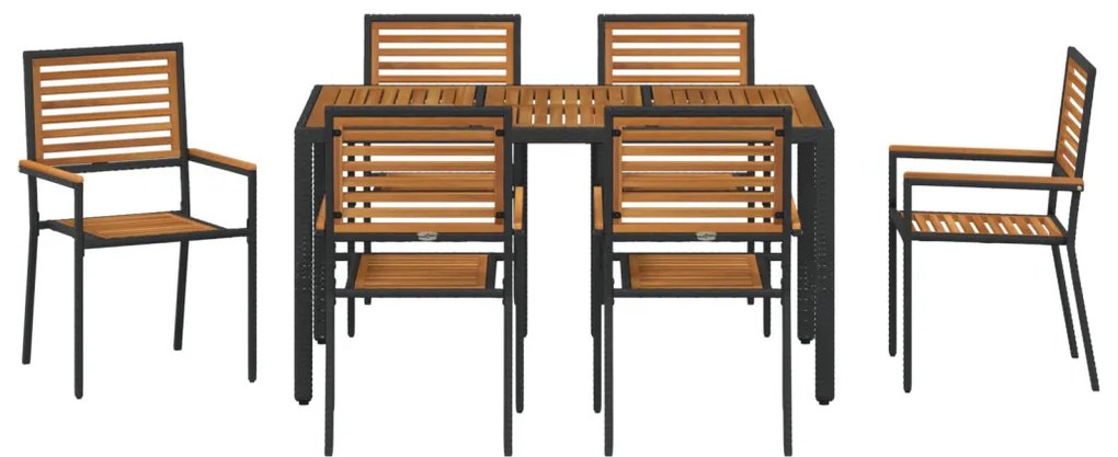 7 Darabos Kerti Étkezőszett Fekete Poly Rattan Akácia, Összecsukható Kerti Székek Párnákkal 2 db Fekete Poly Rattan